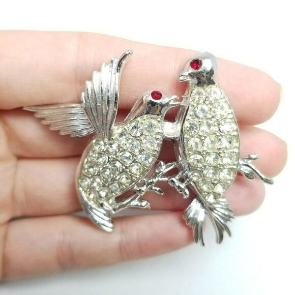 Vintage Rhinestone Birds with Red Eyes, Encrusted Silver Tone 50s 60s Style - Picture 1 of 5